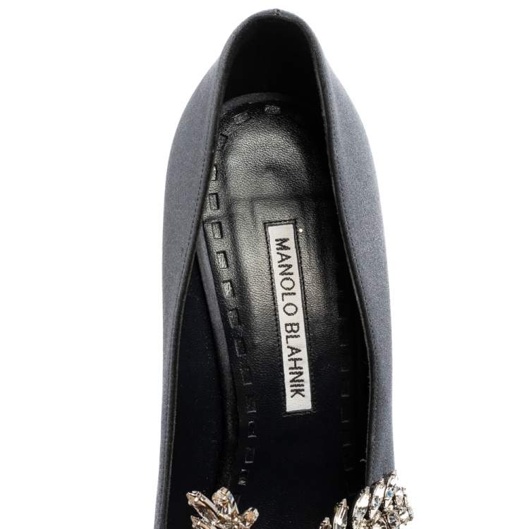 Pre Owned Manolo Blahnik Grey Satin Nadira Crystal Embellished Pointed Toe Pumps Size 38.5
