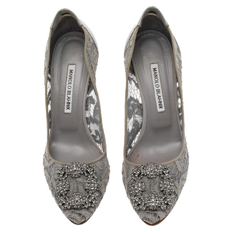 Pre Owned Manolo Blahnik Grey Lace And Satin Hangisi Pointed Toe Pumps Size 38.5