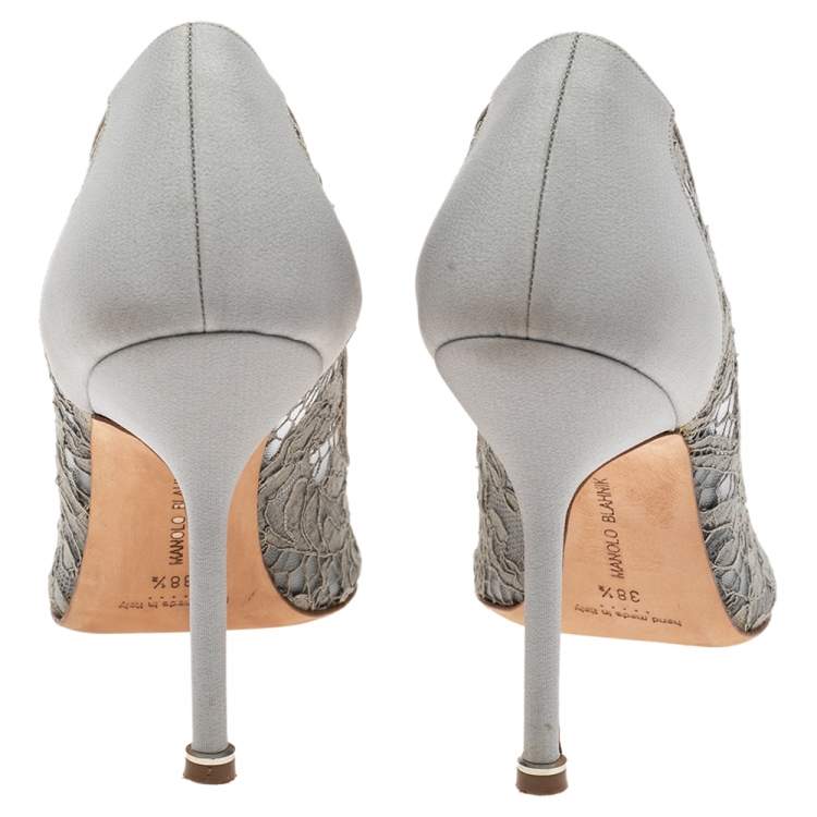 Pre Owned Manolo Blahnik Grey Lace And Satin Hangisi Pointed Toe Pumps Size 38.5