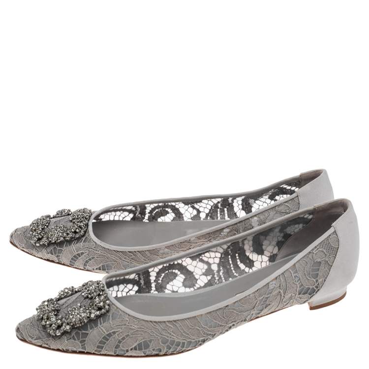 Pre Owned Manolo Blahnik Grey Lace and Stain Hangisi Ballet Flat Size 40.5