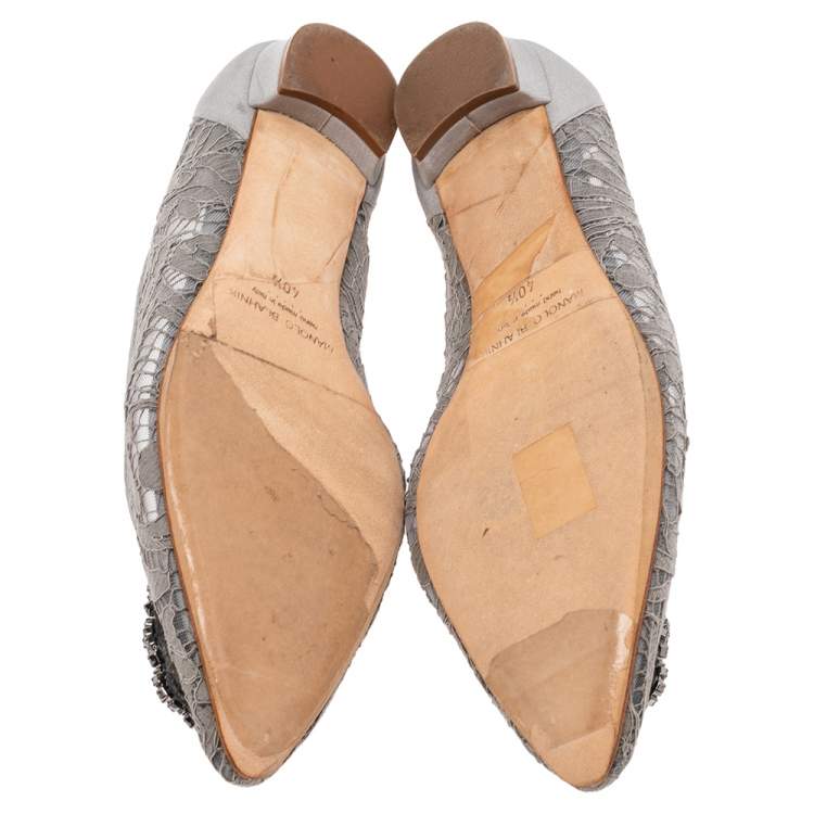 Pre Owned Manolo Blahnik Grey Lace and Stain Hangisi Ballet Flat Size 40.5