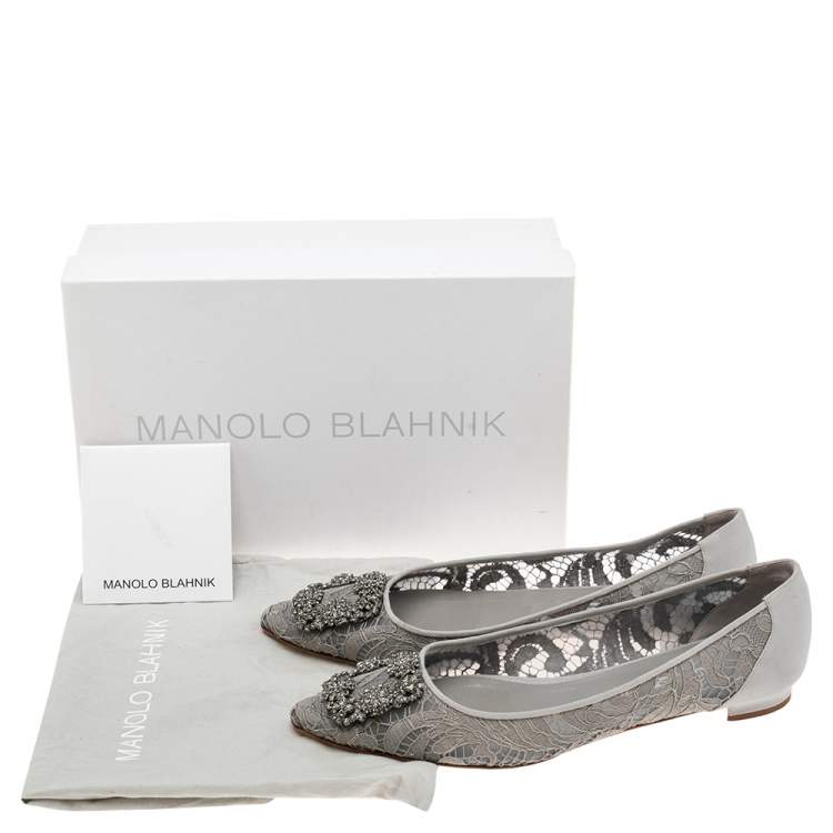 Pre Owned Manolo Blahnik Grey Lace and Stain Hangisi Ballet Flat Size 40.5