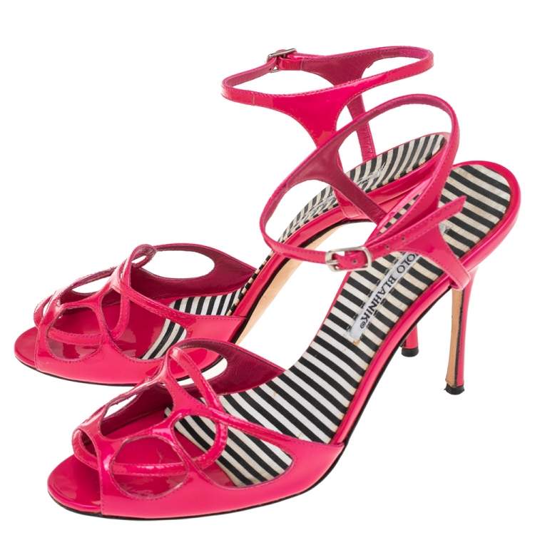 Pre Owned Manolo Blahnik Pink Patent Leather Cutout Strappy Sandals Size 39