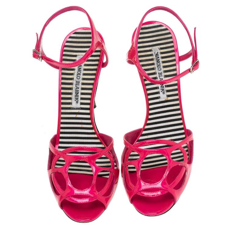 Pre Owned Manolo Blahnik Pink Patent Leather Cutout Strappy Sandals Size 39