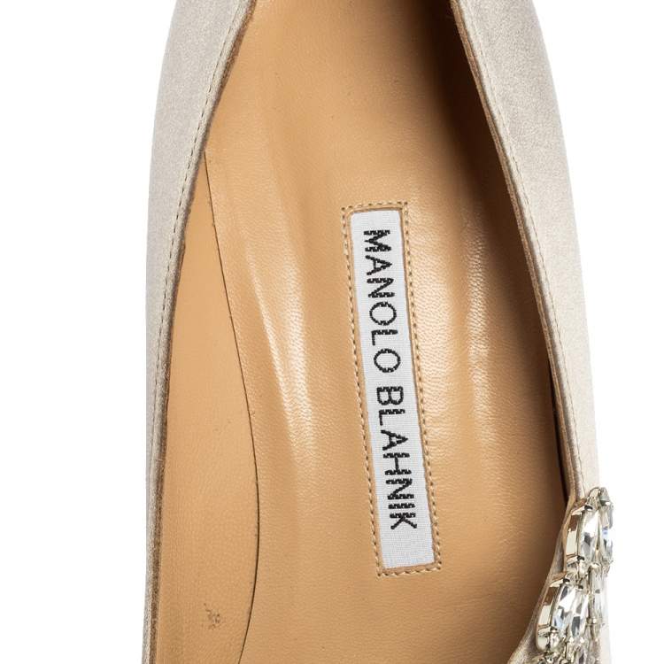 Pre Owned Manolo Blahnik Grey Satin Jewel Nadira Pointed Toe Pumps Size 38.5