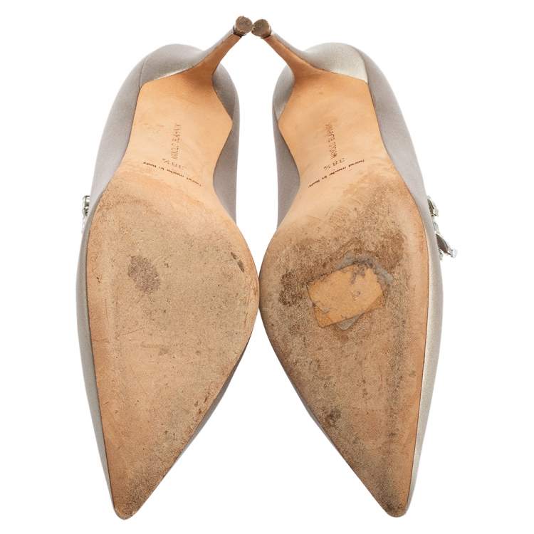 Pre Owned Manolo Blahnik Grey Satin Jewel Nadira Pointed Toe Pumps Size 38.5