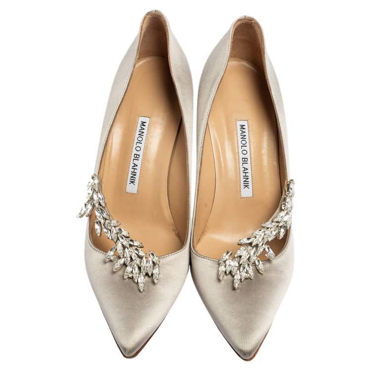 Pre Owned Manolo Blahnik Grey Satin Jewel Nadira Pointed Toe Pumps Size 38.5