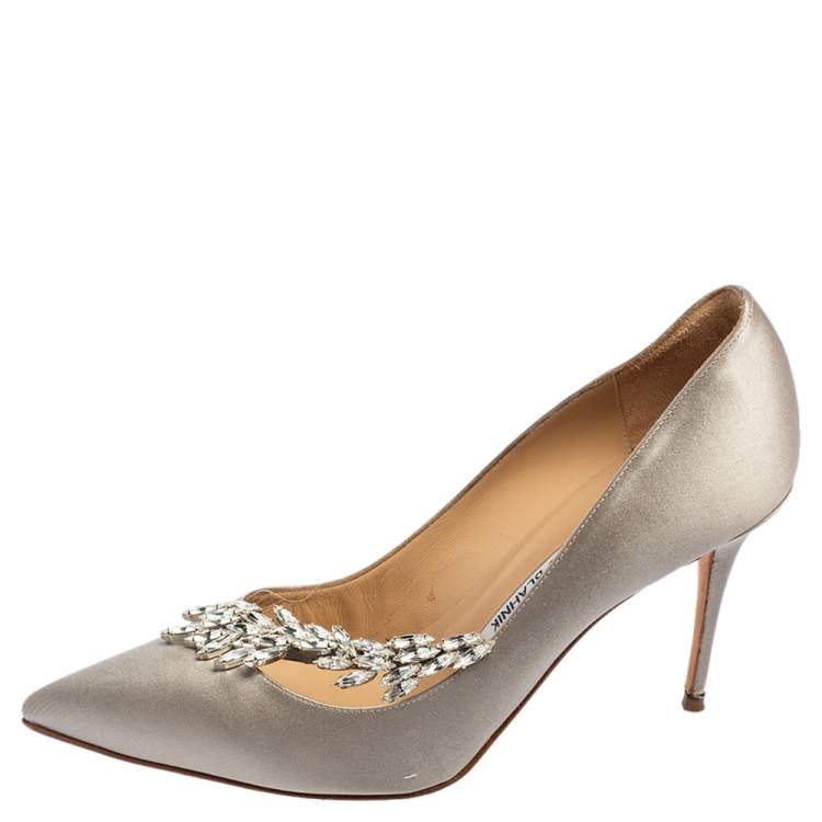 Pre Owned Manolo Blahnik Grey Satin Jewel Nadira Pointed Toe Pumps Size 38.5