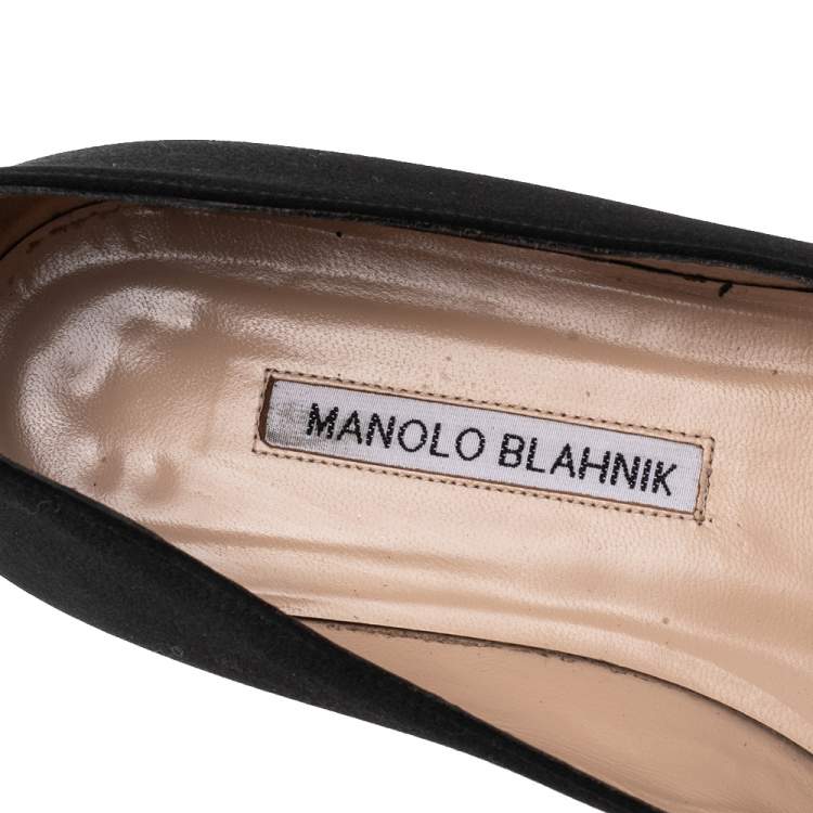 Pre Owned Manolo Blahnik Black Satin Crystal Embellished Pointed Toe Flats Size 38