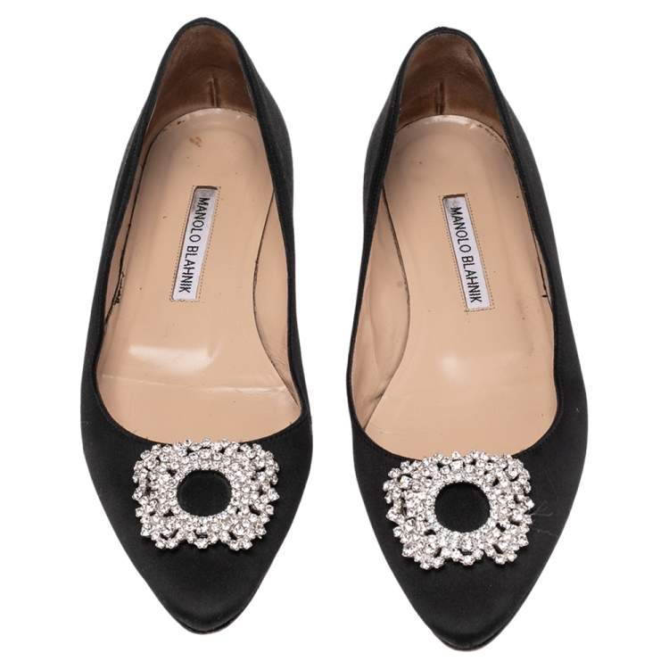 Pre Owned Manolo Blahnik Black Satin Crystal Embellished Pointed Toe Flats Size 38