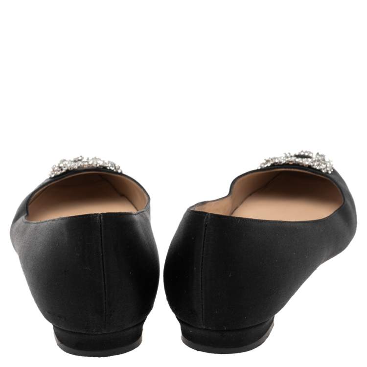 Pre Owned Manolo Blahnik Black Satin Crystal Embellished Pointed Toe Flats Size 38