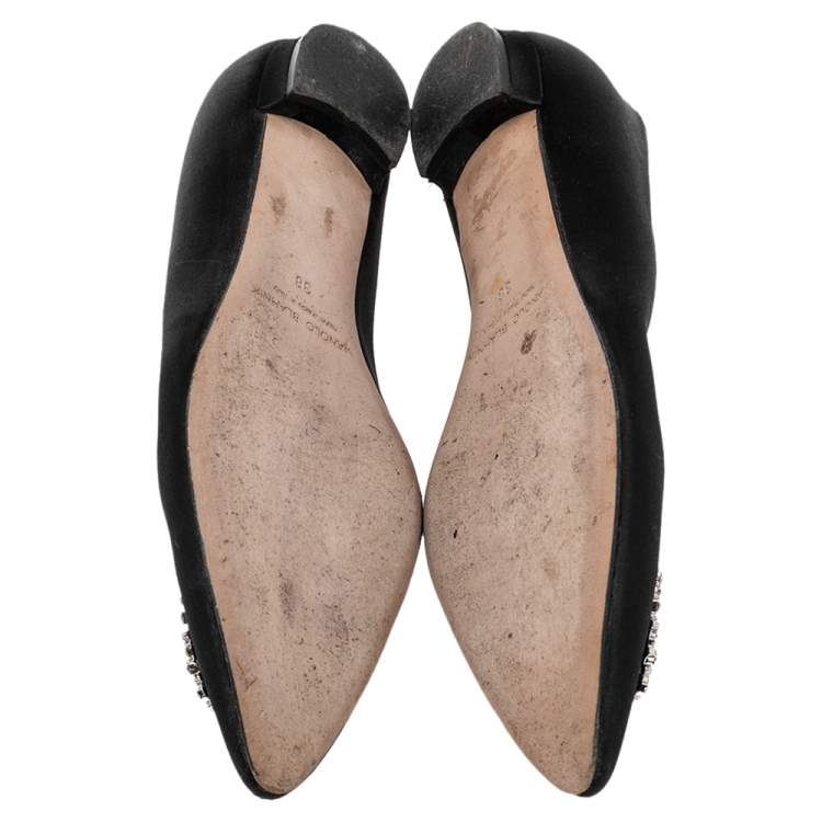 Pre Owned Manolo Blahnik Black Satin Crystal Embellished Pointed Toe Flats Size 38