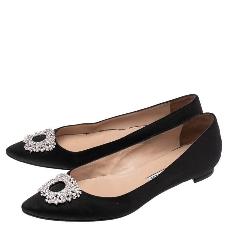 Pre Owned Manolo Blahnik Black Satin Crystal Embellished Pointed Toe Flats Size 38