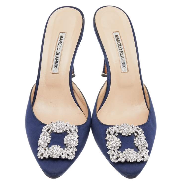 Pre Owned Manolo Blahnik Blue Satin Hangisi Mules Sandals Size 40