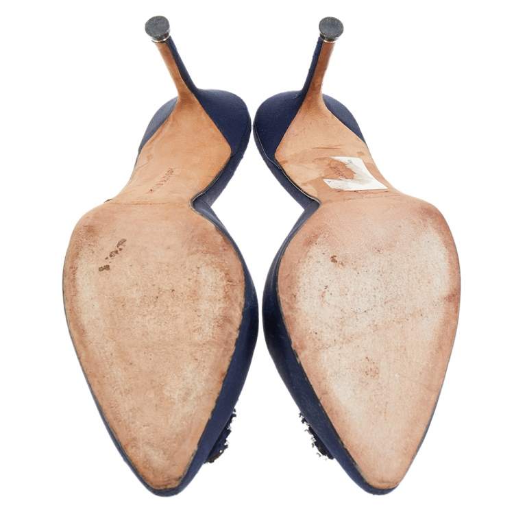 Pre Owned Manolo Blahnik Blue Satin Hangisi Mules Sandals Size 40