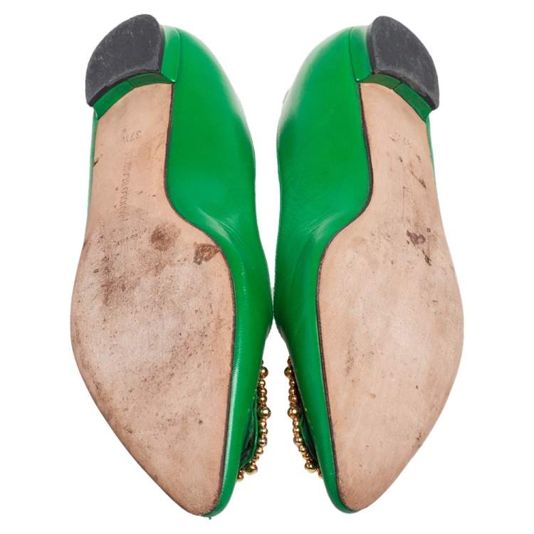 Pre Owned Manolo Blahnik Green Leather Hangisi Ballet Flat Size 37.5
