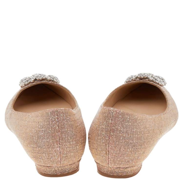 Pre Owned Manolo Blahnik Pink Glitter Hangisi Flats Size 36.5
