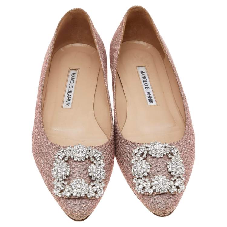 Pre Owned Manolo Blahnik Pink Glitter Hangisi Flats Size 36.5