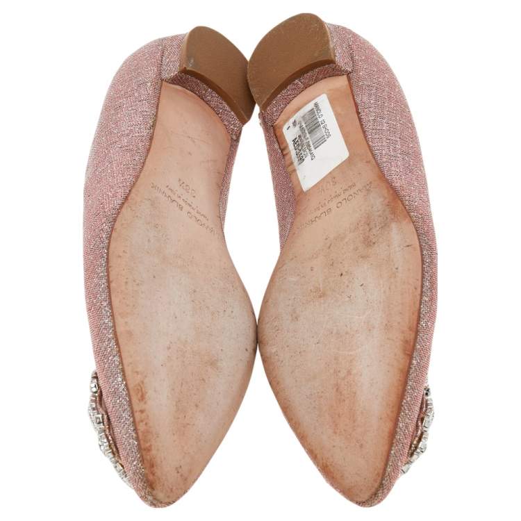 Pre Owned Manolo Blahnik Pink Glitter Hangisi Flats Size 36.5