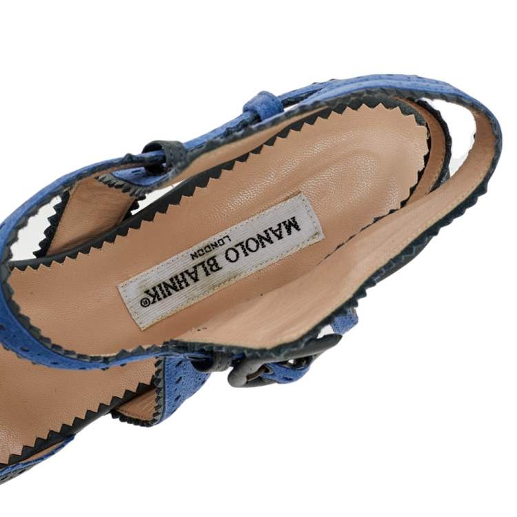 Pre Owned Manolo Blahnik Green/Blue Leather And Suede Ankle Strap Sandals Size 39