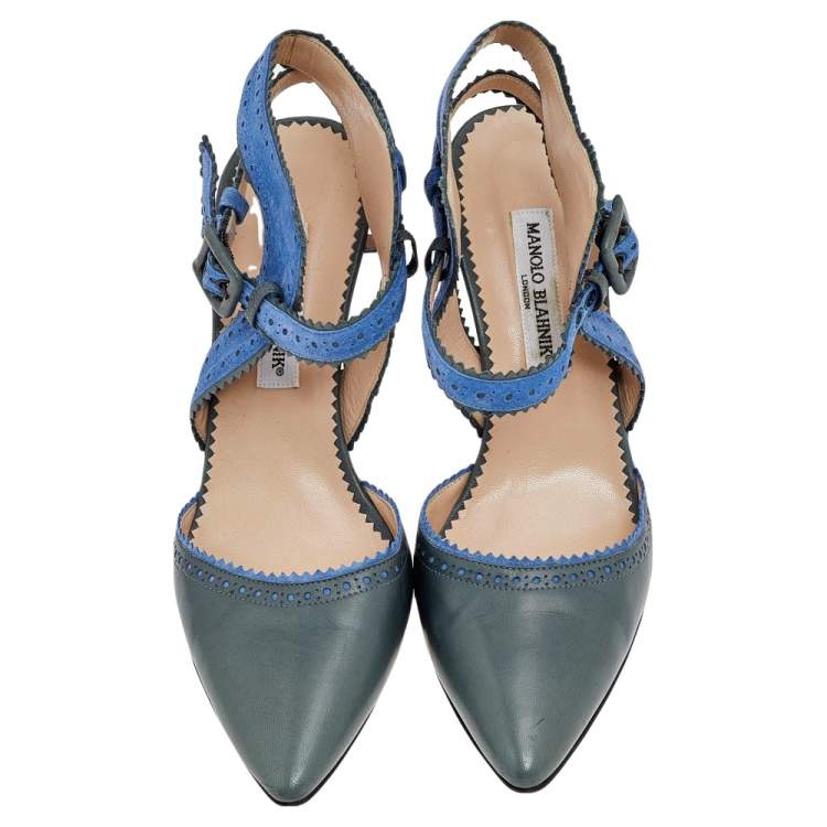 Pre Owned Manolo Blahnik Green/Blue Leather And Suede Ankle Strap Sandals Size 39