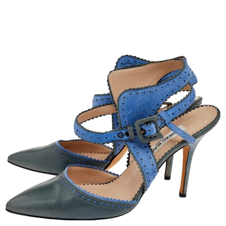 Pre Owned Manolo Blahnik Green/Blue Leather And Suede Ankle Strap Sandals Size 39