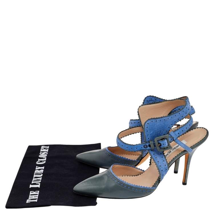 Pre Owned Manolo Blahnik Green/Blue Leather And Suede Ankle Strap Sandals Size 39