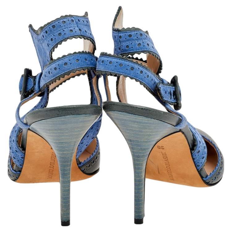 Pre Owned Manolo Blahnik Green/Blue Leather And Suede Ankle Strap Sandals Size 39