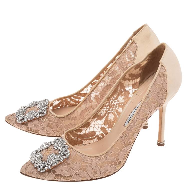 Pre Owned Manolo Blahnik Beige Satin And Lace Hangisi Crystal Embellished Pointed Toe Pumps Size 40.5