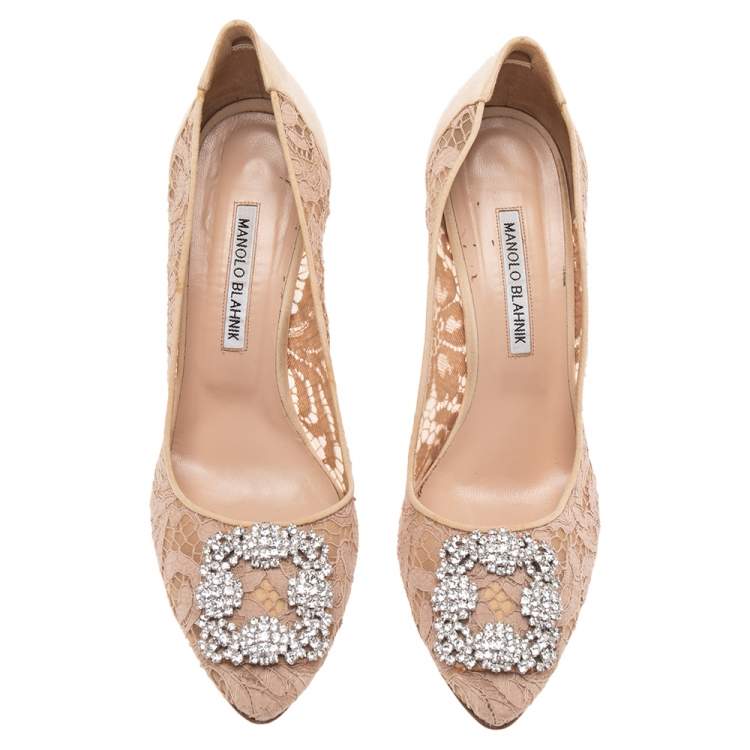 Pre Owned Manolo Blahnik Beige Satin And Lace Hangisi Crystal Embellished Pointed Toe Pumps Size 40.5