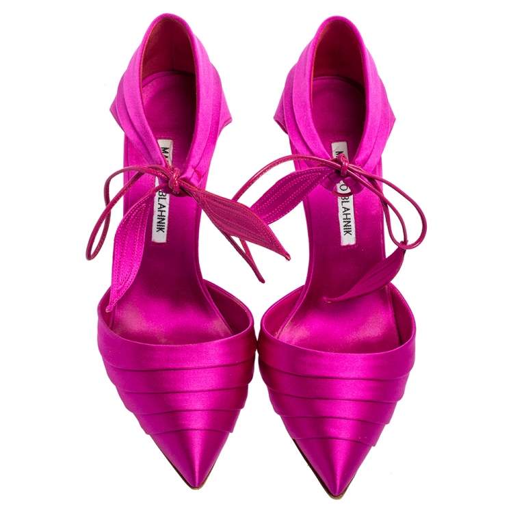 Pre Owned Manolo Blahnik Fuchsia Satin Reya Pumps Size 37
