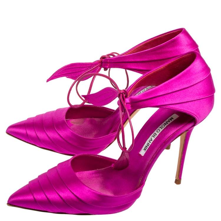 Pre Owned Manolo Blahnik Fuchsia Satin Reya Pumps Size 37