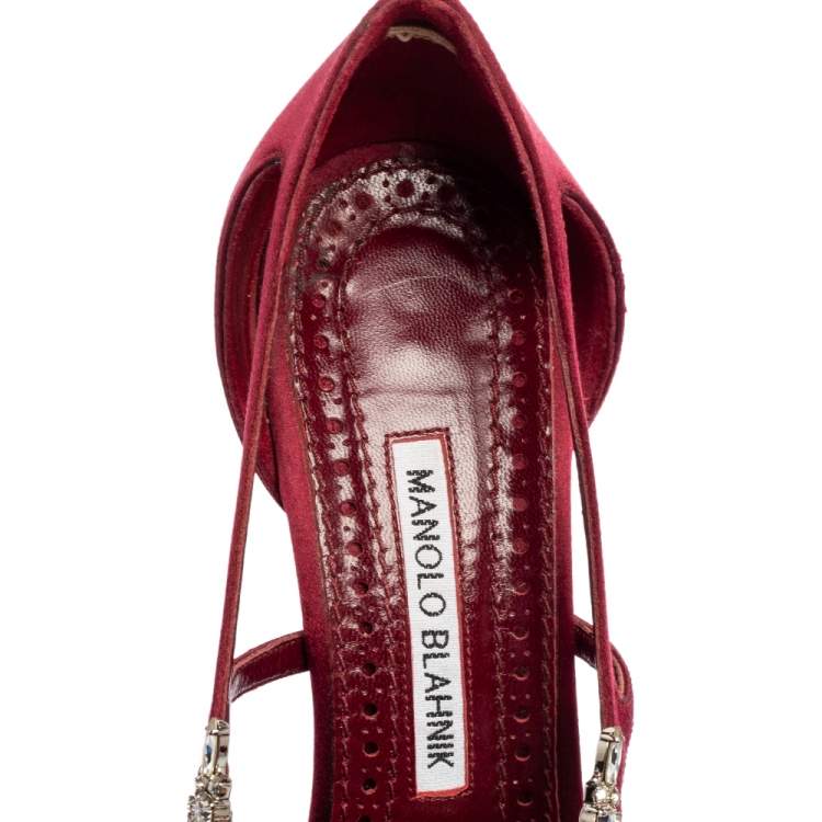 Pre Owned Manolo Blahnik Burgundy Satin Lala Pumps Size 38
