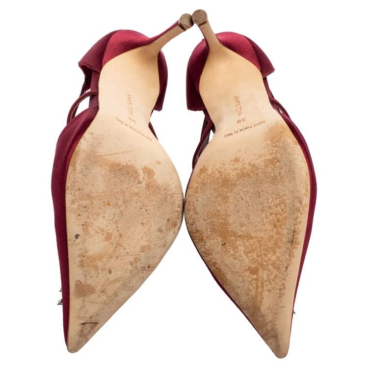 Pre Owned Manolo Blahnik Burgundy Satin Lala Pumps Size 38