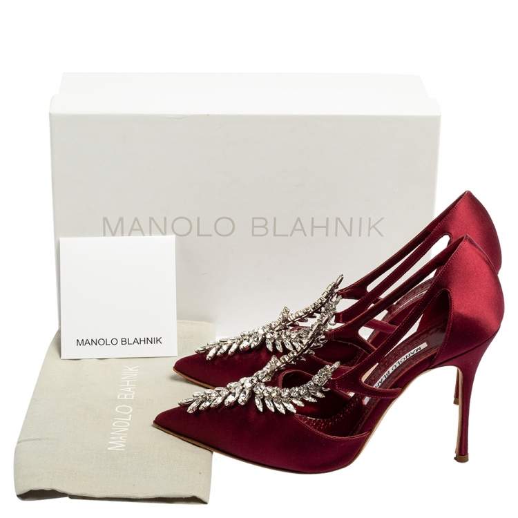 Pre Owned Manolo Blahnik Burgundy Satin Lala Pumps Size 38