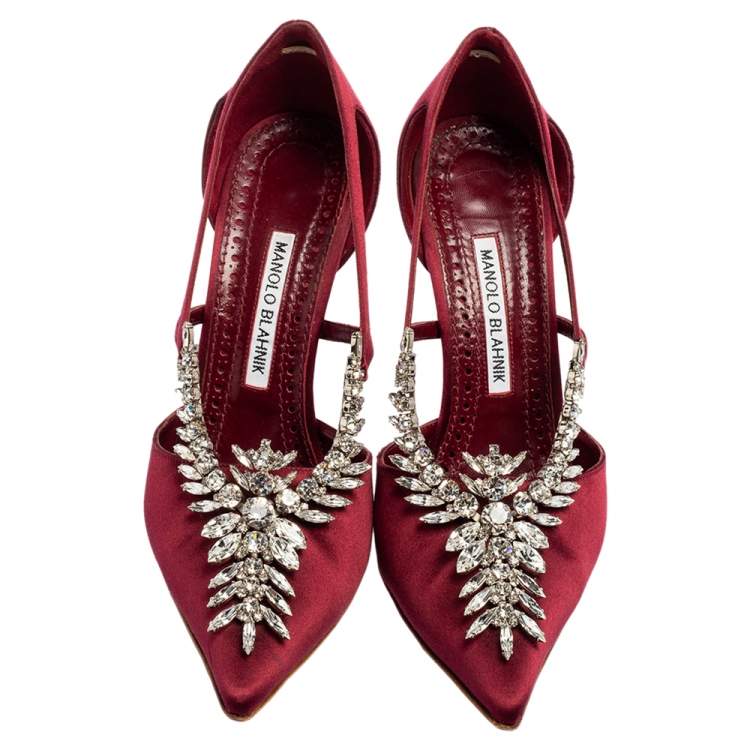 Pre Owned Manolo Blahnik Burgundy Satin Lala Pumps Size 38