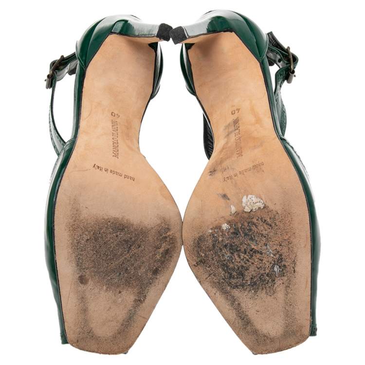 Pre Owned Manolo Blahnik Green Brogue Patent Leather Ankle Cuff Peep Toe Sandals Size 40