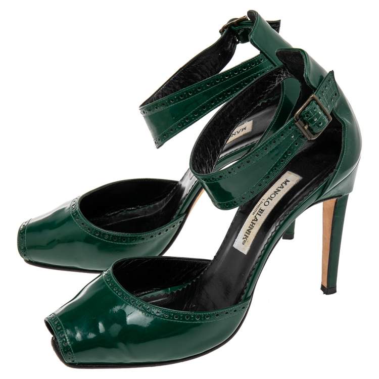Pre Owned Manolo Blahnik Green Brogue Patent Leather Ankle Cuff Peep Toe Sandals Size 40