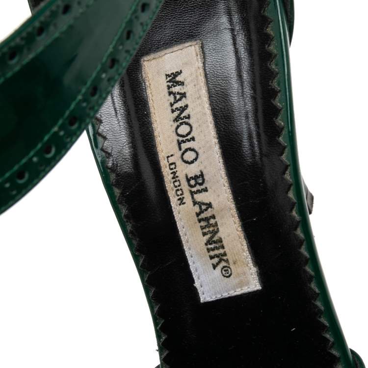 Pre Owned Manolo Blahnik Green Brogue Patent Leather Ankle Cuff Peep Toe Sandals Size 40