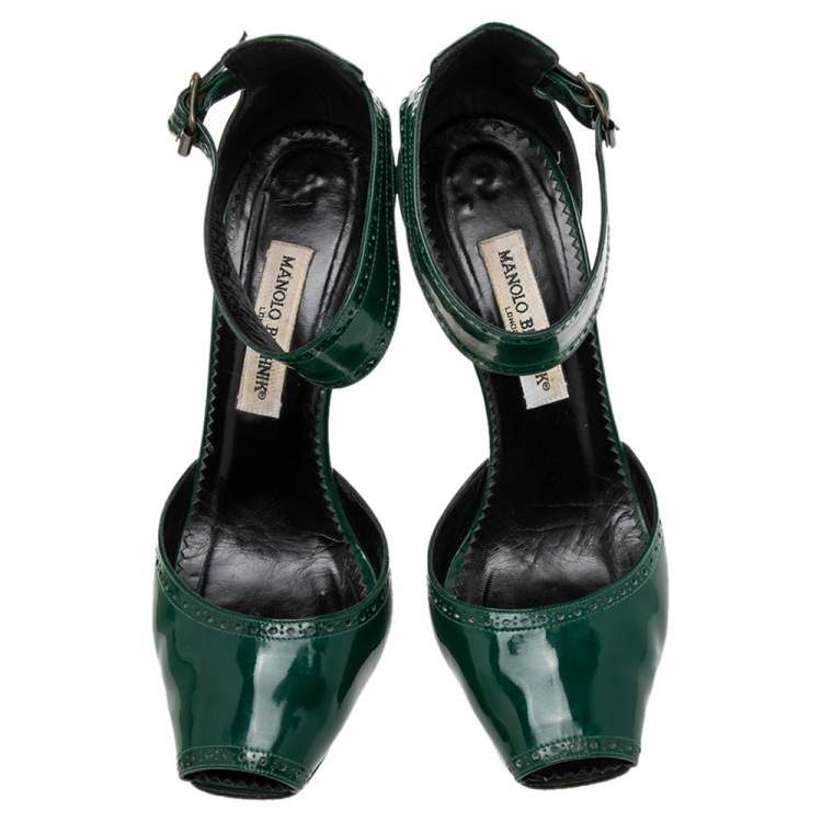 Pre Owned Manolo Blahnik Green Brogue Patent Leather Ankle Cuff Peep Toe Sandals Size 40