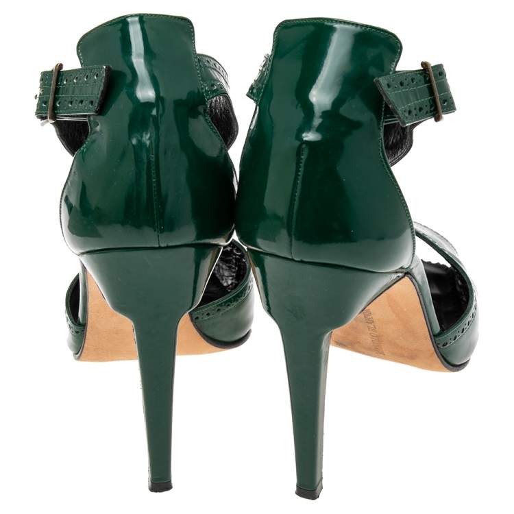 Pre Owned Manolo Blahnik Green Brogue Patent Leather Ankle Cuff Peep Toe Sandals Size 40