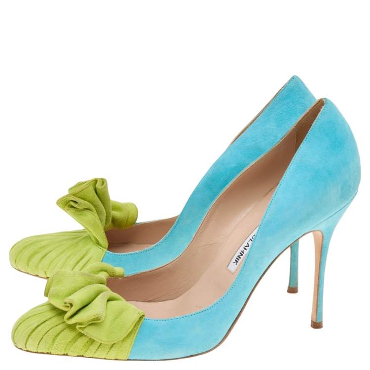 Pre Owned Manolo Blahnik Blue/Green Suede Arleti Frill Detail Pumps Size 39