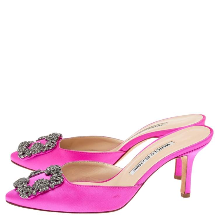 Pre Owned Manolo Blahnik Pink Satin Hangisi Mules Sandal Size 36