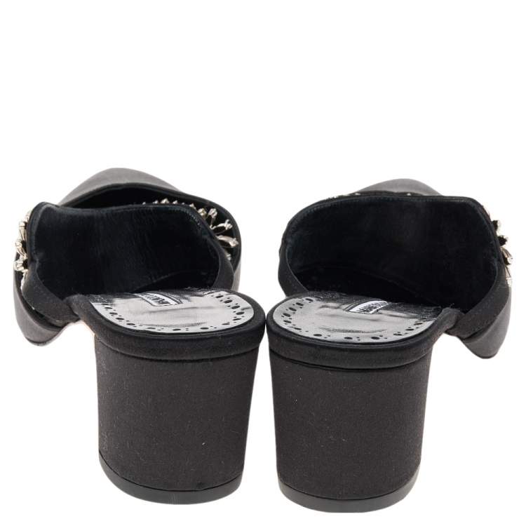 Pre Owned Manolo Blahnik Black Satin Sky Crystal Embellished Mules Size 39