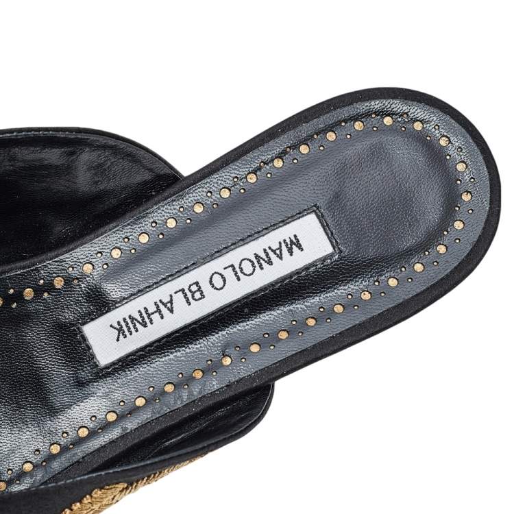 Pre Owned Manolo Blahnik Black Satin Embroidered Maysale Pointed Toe Flat Mule Sandals Size 40