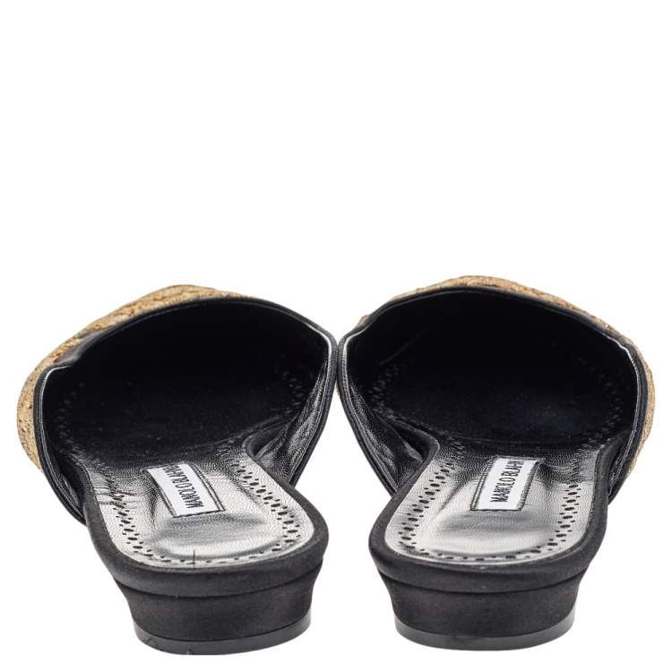 Pre Owned Manolo Blahnik Black Satin Embroidered Maysale Pointed Toe Flat Mule Sandals Size 40