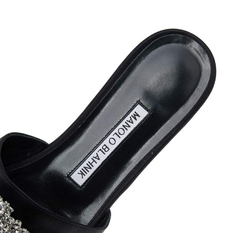 Pre Owned Manolo Blahnik Black Satin Crystal Martamod Flat Slide Sandals Size 38.5