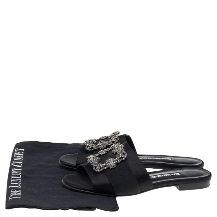 Pre Owned Manolo Blahnik Black Satin Crystal Martamod Flat Slide Sandals Size 38.5