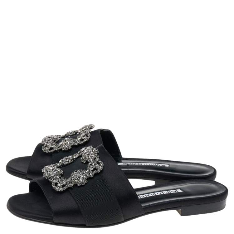 Pre Owned Manolo Blahnik Black Satin Crystal Martamod Flat Slide Sandals Size 38.5