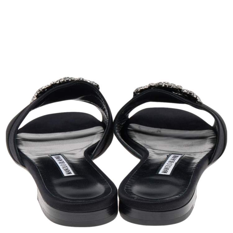 Pre Owned Manolo Blahnik Black Satin Crystal Martamod Flat Slide Sandals Size 38.5